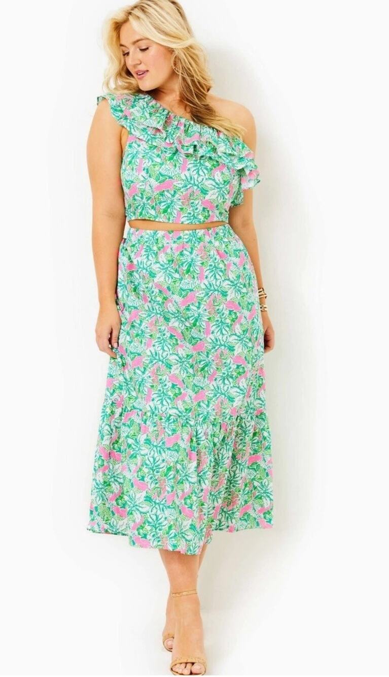 Lilly Pulitzer Kasida Ruffle Set, One-Shoulder Crop Top & Maxi Skirt — Size 16